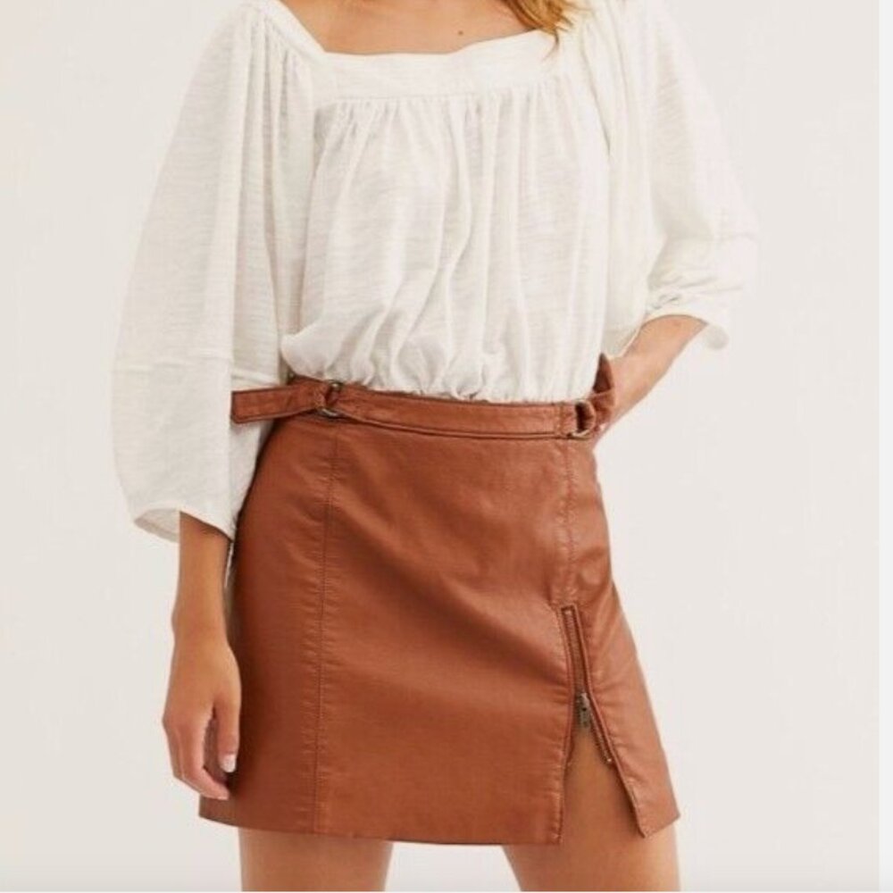 Free People Faux Leather Mini Skirt w Zip Slit - Picture 1 of 5